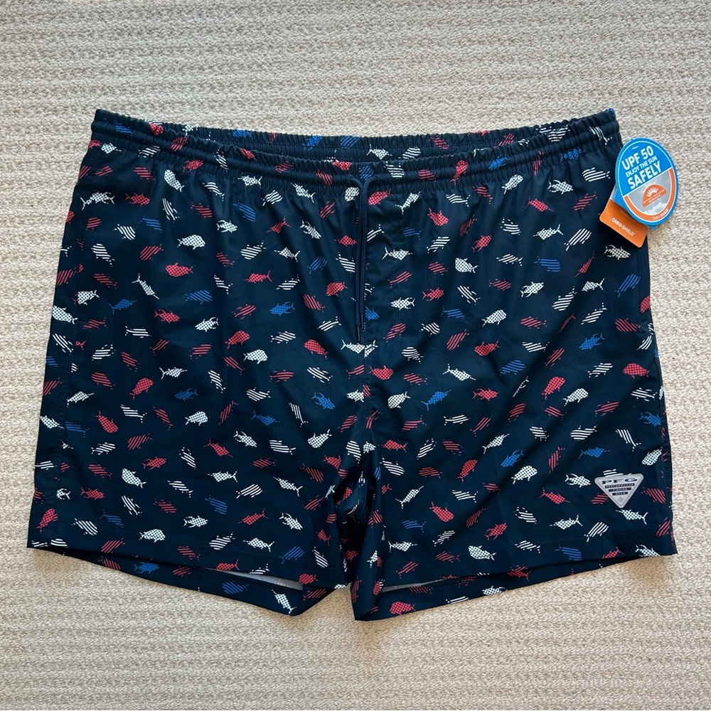 Columbia Navy Blue Red White Fish Print Swim Trunks